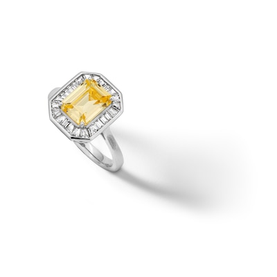 Sterling Silver CZ Yellow Emerald-Cut Halo Ring - Size 8