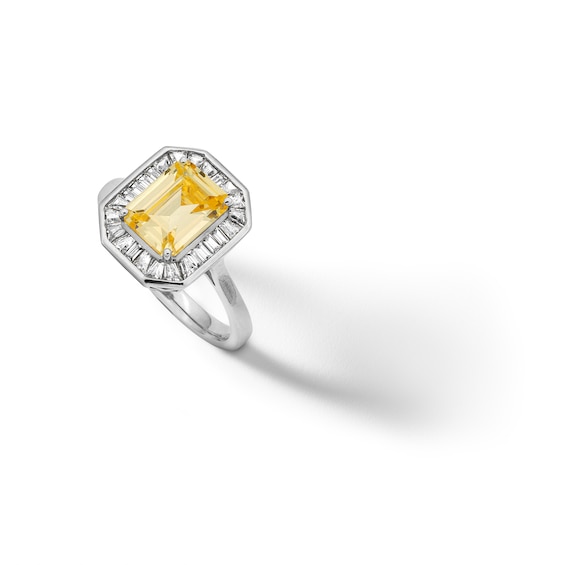 Sterling Silver CZ Yellow Emerald-Cut Halo Ring - Size 8