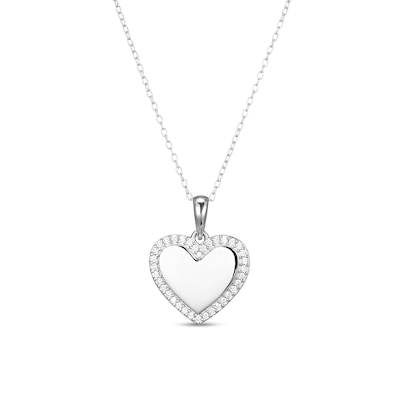 Sterling Silver CZ Heart Frame Pendant Necklace - 16" + 2"