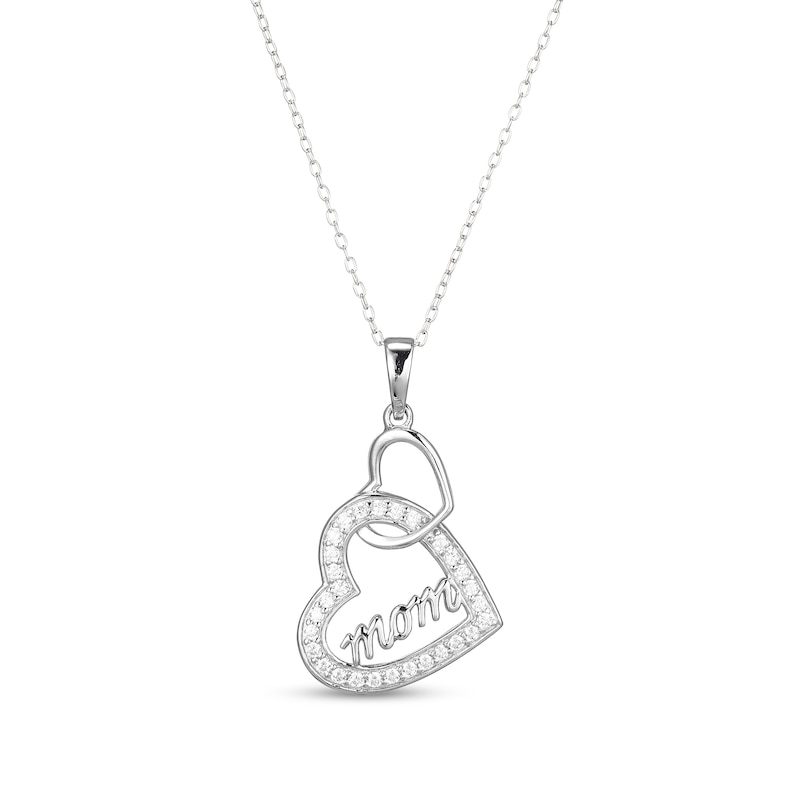 Main Image 1 of ​​​​​​​​​​​​​​Sterling Silver CZ Mom Double Heart Pendant Necklace - 16" + 2"