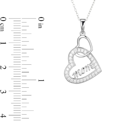 ​​​​​​​​​​​​​​Sterling Silver CZ Mom Double Heart Pendant Necklace - 16" + 2"