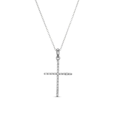 ​​​​​​​Sterling Silver CZ Cross Pendant Necklace - 16" + 2"