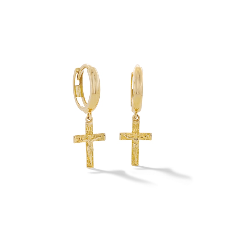 10K Solid Gold Crucifix Huggie Hoops