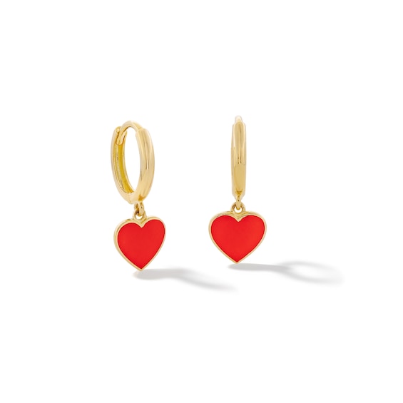 ​​​​​​​10K Solid Gold Red Enamel Heart Huggie Hoops