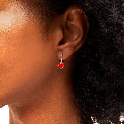 10K Solid Gold Red Enamel Heart Huggie Hoops