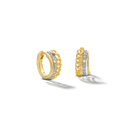 18K Plated Gold Diamond Accent Three Hoop Curb Chain Huggies