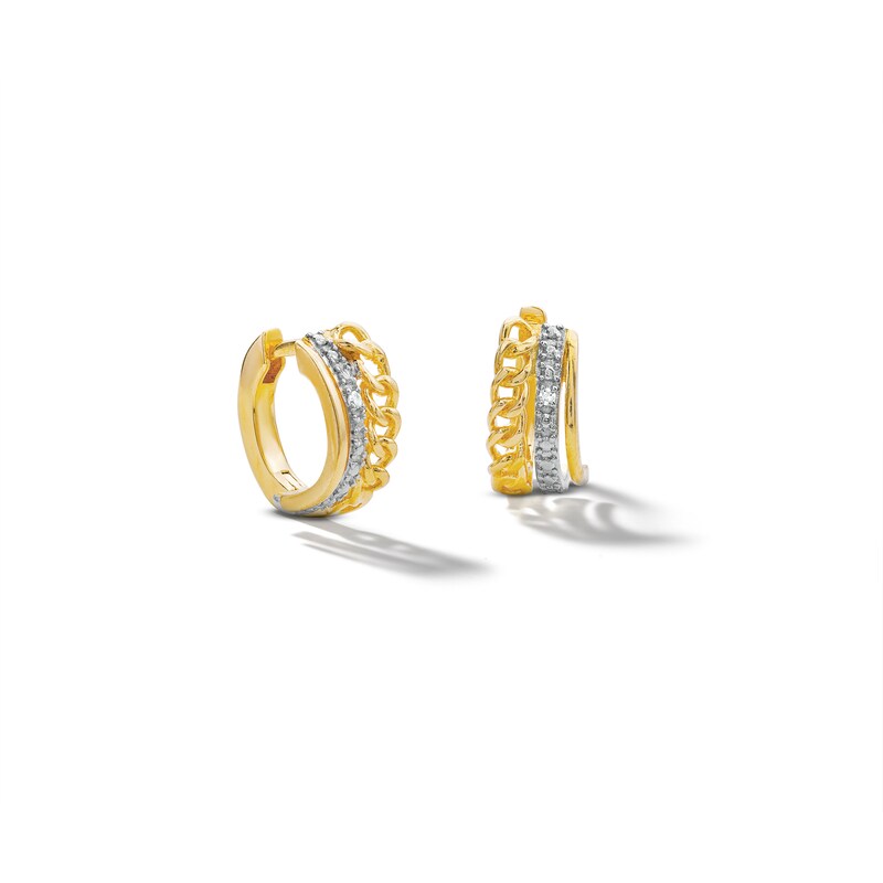 18K Plated Gold Diamond Accent Three Hoop Curb Chain Huggies