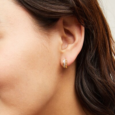 18K Plated Gold Diamond Accent Three Hoop Curb Chain Huggies