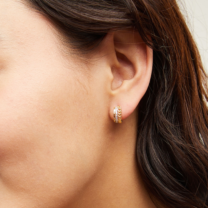Main Image 2 of 18K Plated Gold Diamond Accent Three Hoop Curb Chain Huggies