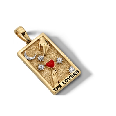 14K Gold Plated Diamond Accent and Red Enamel The Lovers Tarot Card Necklace Charm