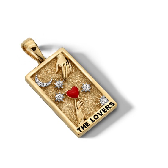 14K Gold Plated Diamond Accent and Red Enamel The Lovers Tarot Card Necklace Charm