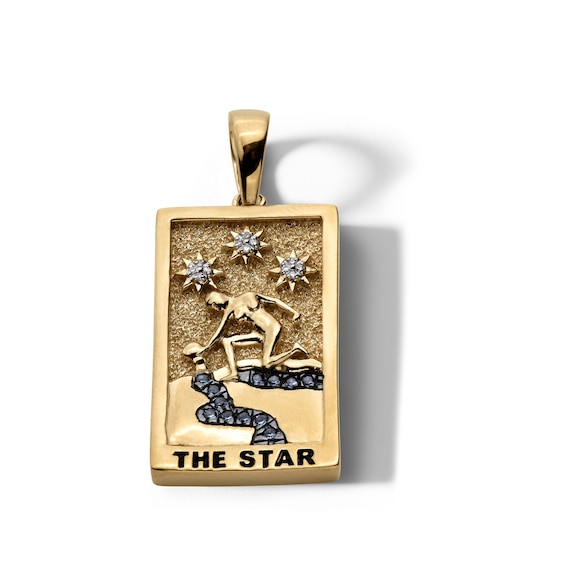 14K Gold Plated Diamond Accent and Blue CZ The Star Tarot Card Necklace Charm