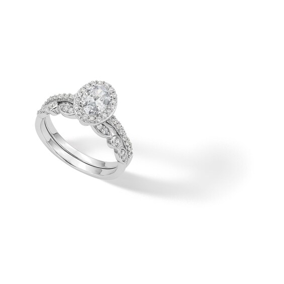 Sterling Silver CZ Oval Halo with Band Ring Set - Size 7