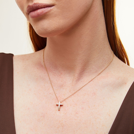 Sterling Silver Diamond Accent Small Cross Pendant - 18"