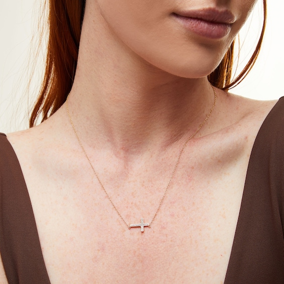 14K Gold Plated Diamond Accent Sideways Cross Pendant - 18"