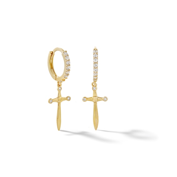 ​​​​​​​10K Solid Gold CZ Dagger Dangle Huggie Hoops