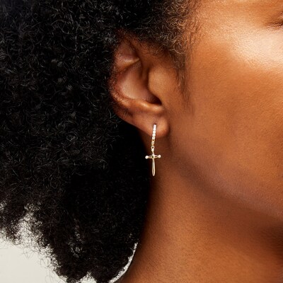​​​​​​​10K Solid Gold CZ Dagger Dangle Huggie Hoops