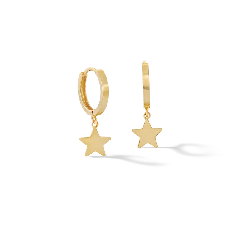 10K Solid Gold Star Dangle Huggie Hoops