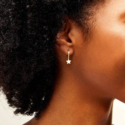 10K Solid Gold Star Dangle Huggie Hoops