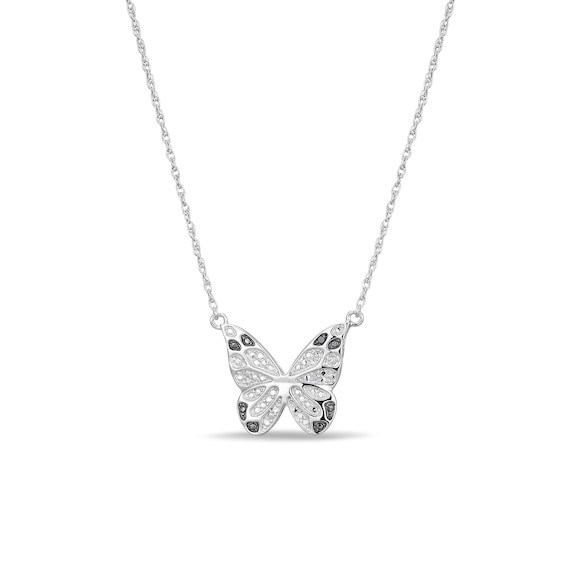 Sterling Silver Black Diamond Accent Butterfly Pendant - 18"