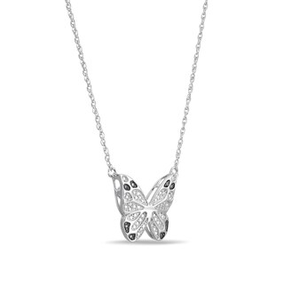 Solid Sterling Silver Black Diamond Accent Beaded Butterfly Necklace - 18"