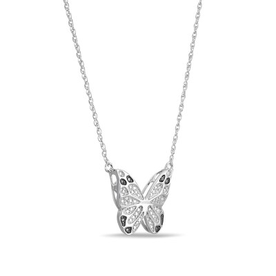 Solid Sterling Silver Black Diamond Accent Beaded Butterfly Necklace - 18"