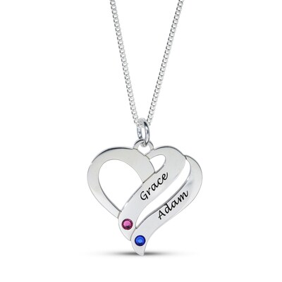 Sterling Silver Birthstone Two Name Forever Hearts Curb Chain - 18"