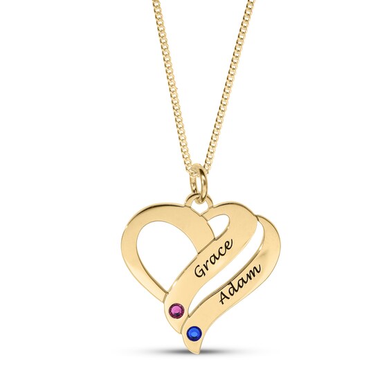 14K Gold Plated Birthstone Two Name Forever Hearts Curb Chain - 18"