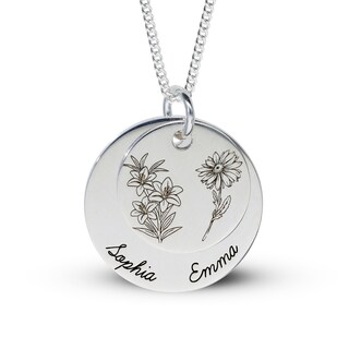 Sterling Silver Birth Flower Two Name Disc Curb Chain - 18"