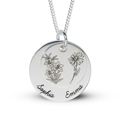 Sterling Silver Birth Flower Two Name Disc Curb Chain - 18"