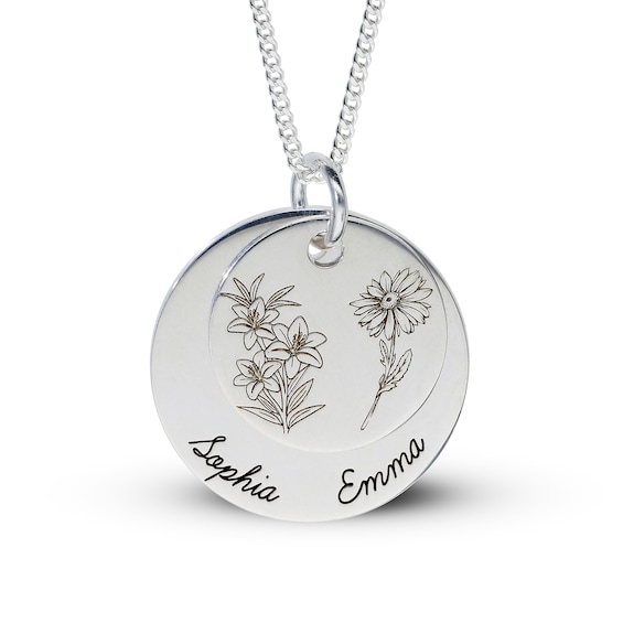 Sterling Silver Birth Flower Two Name Disc Curb Chain - 18"