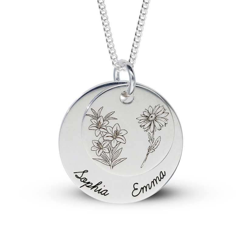 Sterling Silver Birth Flower Two Name Disc Curb Chain - 18"