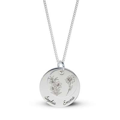 Sterling Silver Birth Flower Two Name Disc Curb Chain - 18"