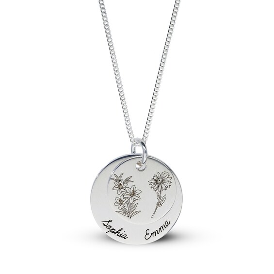 Sterling Silver Birth Flower Two Name Disc Curb Chain - 18"