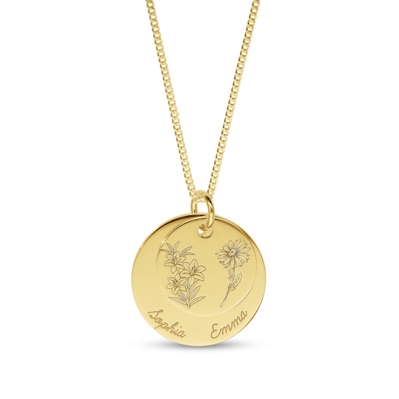 14K Gold Plated Birth Flower Two Name Disc Curb Chain - 18"