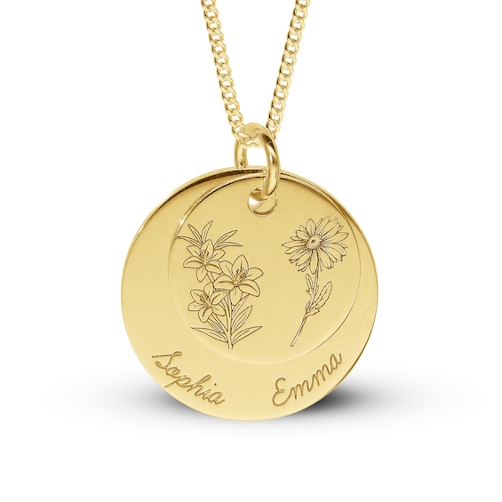 14K Gold Plated Birth Flower Two Name Disc Curb Chain - 18"