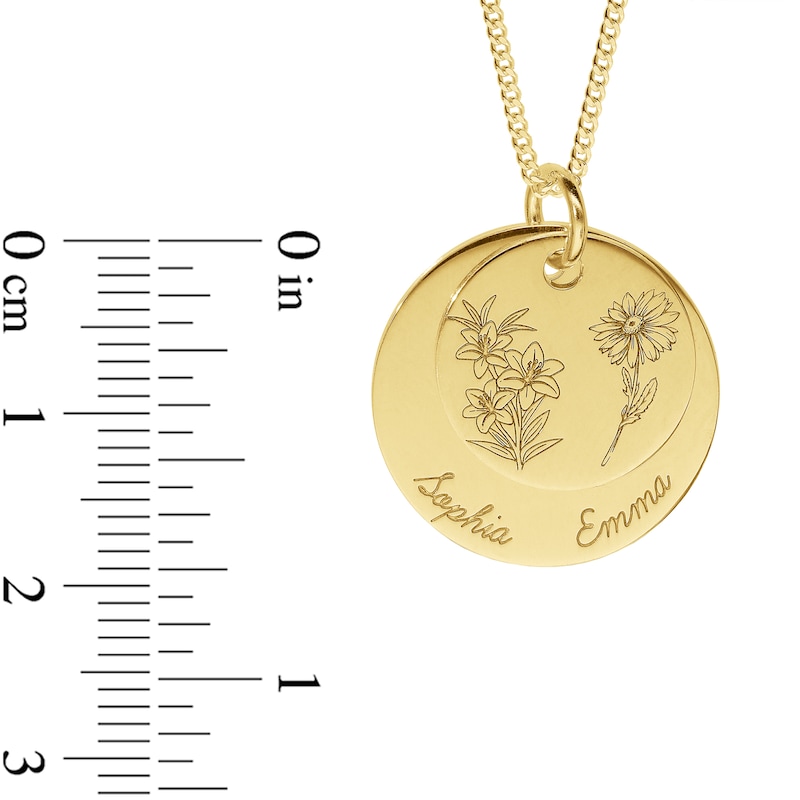 Main Image 2 of 14K Gold Plated Birth Flower Two Name Disc Curb Chain - 18&quot;