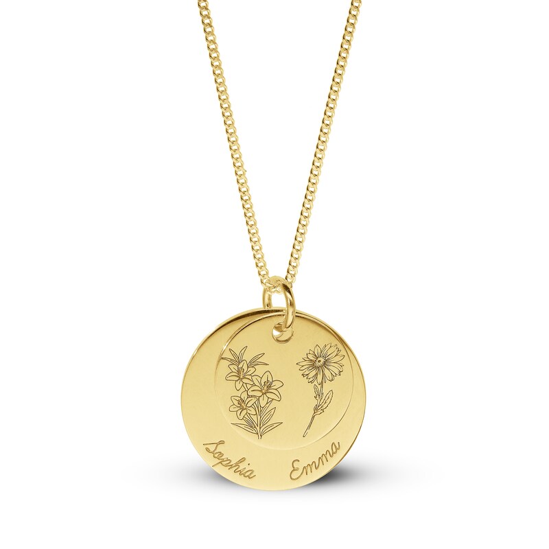 Main Image 3 of 14K Gold Plated Birth Flower Two Name Disc Curb Chain - 18&quot;