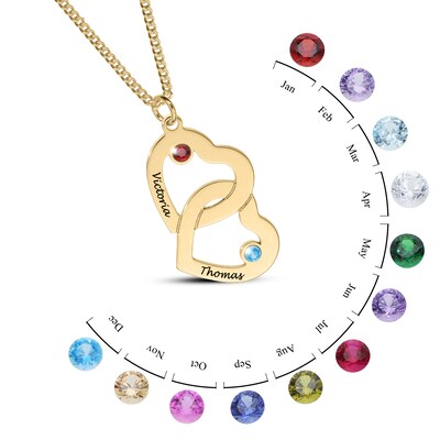 Sterling Silver Birthstone Two Name Interlocking Hearts Curb Chain - 18"