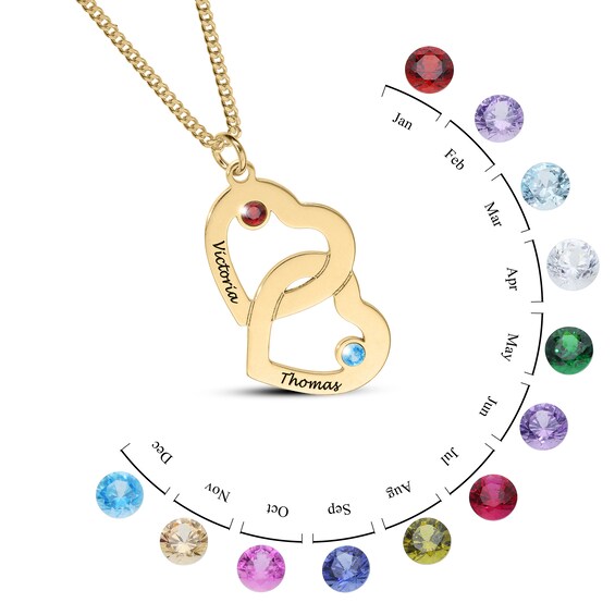 Sterling Silver Birthstone Two Name Interlocking Hearts Curb Chain - 18"