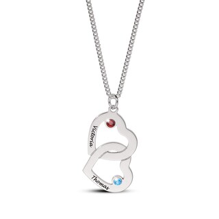 14K Gold Plated Birthstone Two Name Interlocking Hearts Curb Chain - 18"