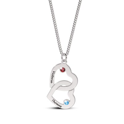 14K Gold Plated Birthstone Two Name Interlocking Hearts Curb Chain - 18"