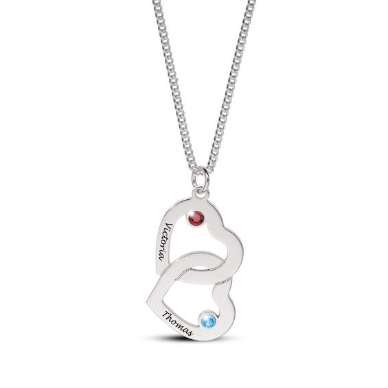 14K Gold Plated Birthstone Two Name Interlocking Hearts Curb Chain - 18"
