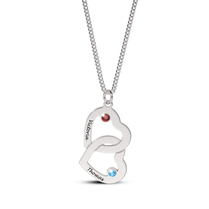 14K Gold Plated Birthstone Two Name Interlocking Hearts Curb Chain - 18"