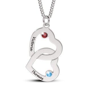 14K Gold Plated Birthstone Two Name Interlocking Hearts Curb Chain - 18"