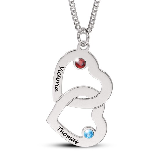 14K Gold Plated Birthstone Two Name Interlocking Hearts Curb Chain - 18"