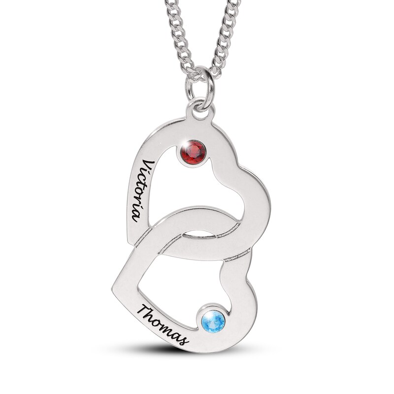14K Gold Plated Birthstone Two Name Interlocking Hearts Curb Chain - 18"