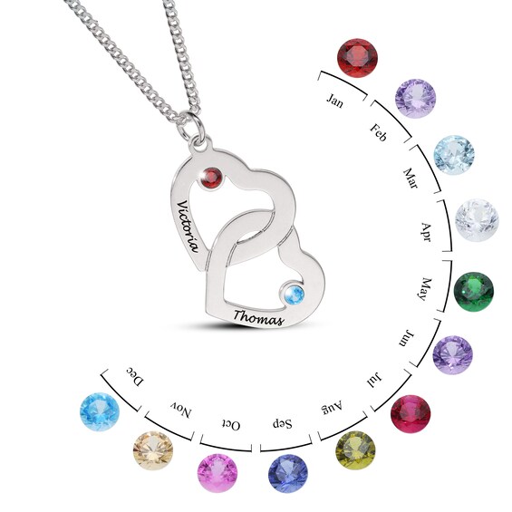 14K Gold Plated Birthstone Two Name Interlocking Hearts Curb Chain - 18"