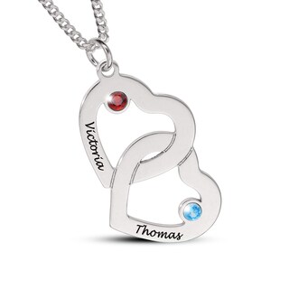 14K Gold Plated Birthstone Two Name Interlocking Hearts Curb Chain - 18"
