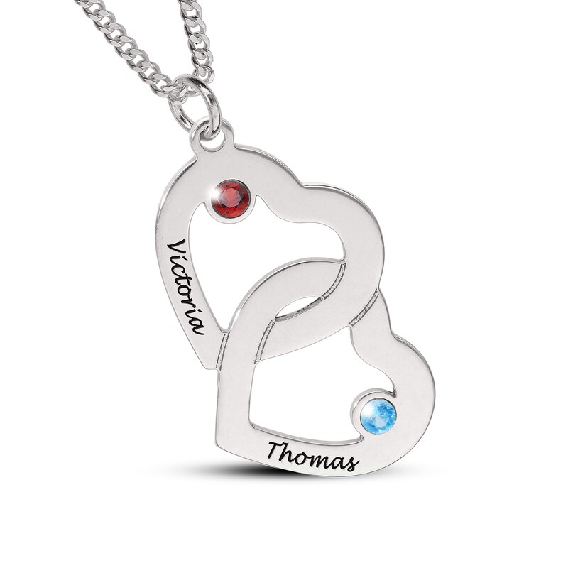14K Gold Plated Birthstone Two Name Interlocking Hearts Curb Chain - 18"